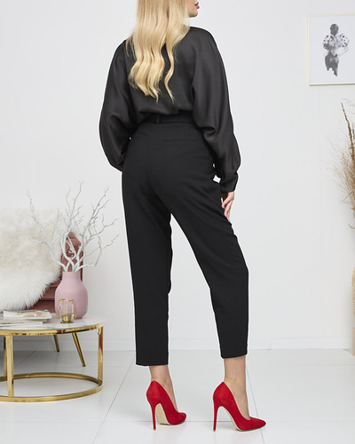 Schwarze lange Satinbluse mit Bindung - Kleidung