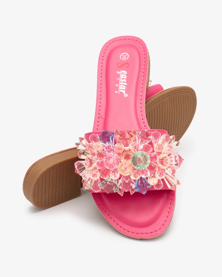 Royalfashion Fuchsia Damen Flip-Flops mit bunten Kristallen Bling Breeze