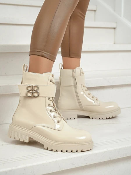 Beige Ariadne Stiefeletten aus Öko-Leder mit Reißverschluss, runde Spitze, stilvoll