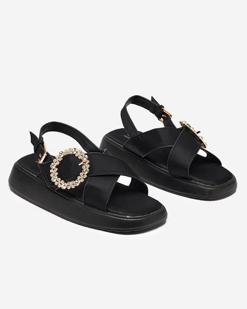 Чорні тканинні жіночі сандалі на плоскій підошві з фіанітами Senire - Взуття