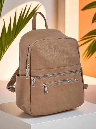 Damen Rucksack Aureliana Królewska Moda Hellbraun Öko-Leder mit Reißverschluss