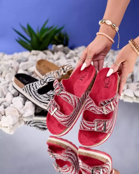 Damenhausschuhe mit Zirkonia in roten Lalud-Shoes