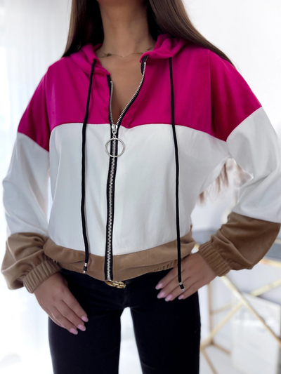 Royalfashion Fuchsia-weiß-braunes ungeknöpftes Damen-Kapuzensweatshirt