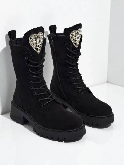 Eko Wildlederimitat Damenstiefeletten Emelune mit Schnürung