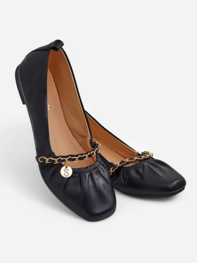 Damen Ballerinas Ariadna Nero – schwarz, flach, Öko-Leder, goldene Verzierung