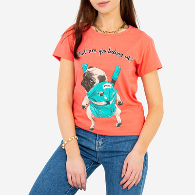 Korallenrotes Damen-T-Shirt mit buntem Aufdruck - Kleidung