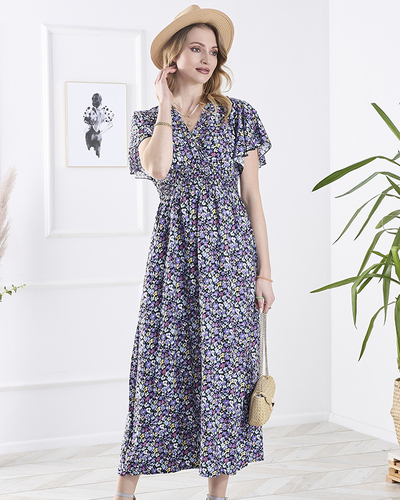 Schwarzes langes Damenkleid mit lila Blumen - Kleidung