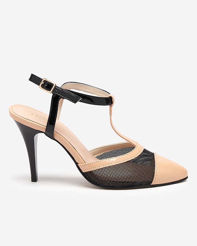 Beige-schwarze Damensandale auf hohem Absatz mit bedeckten Fingern Niddl- Footwear