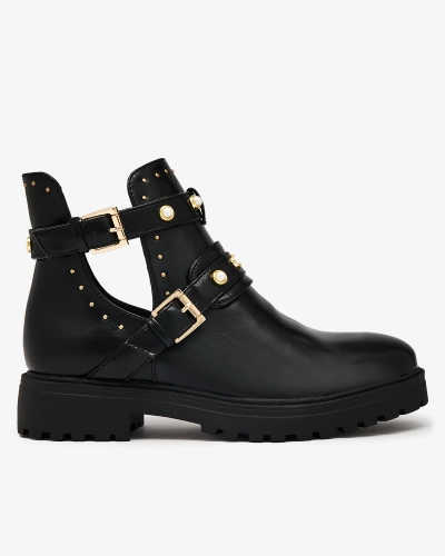 Royalfashion Schwarze Damenstiefel mit flachem Absatz und Verzierungen Pearl Elegance