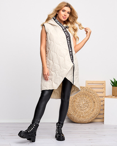 Beige lange Steppweste mit Aufschriften - Kleidung