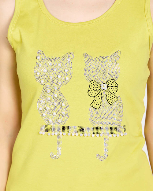 Жовтий жіночий топ з прикрасою кошеня - Одяг