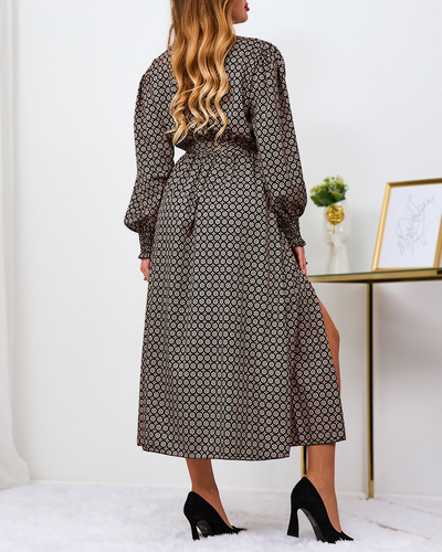 Royalfashion Beige und schwarz gemustertes Damen-Maxikleid