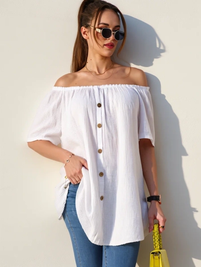 Royalfashion Damen Baumwollbluse im spanischen Stil mit dekorativen Knöpfen