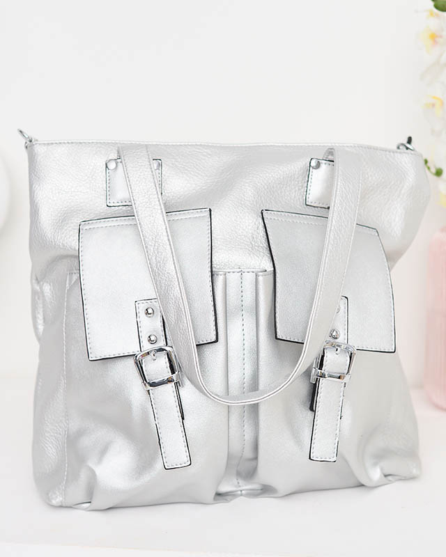 Silberner Damen-Shopper mit dekorativen Taschen - Accessoires