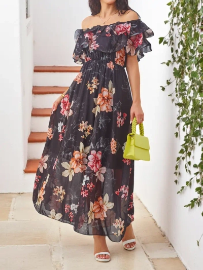 Royalfashion Damen Off-Shoulder Kleid mit kurzen Ärmeln in verschiedenen Blumenmustern