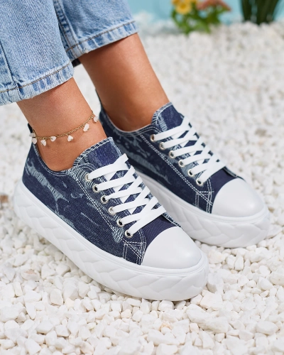 Royalfashion Marineblaue Damen Denim Sneakers mit geriebenem Nerolera