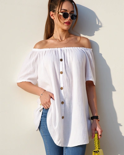 Royalfashion Damen Baumwollbluse im spanischen Stil mit dekorativen Knöpfen