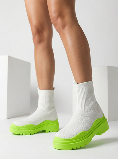 Weiß-grüne Damenstiefel mit flachem Absatz Seritis - Footwear