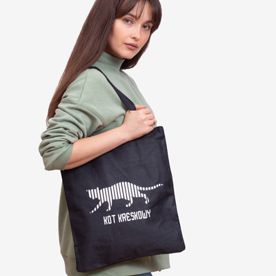 Schwarze Stofftasche mit Katzenschild und Aufdruck - Accessoires