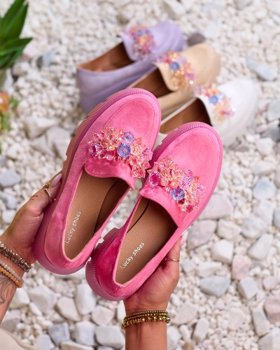 OUTLET Royalfashion Fuchsia Damen Mokassins mit bunten Kristallen Crystal Glam