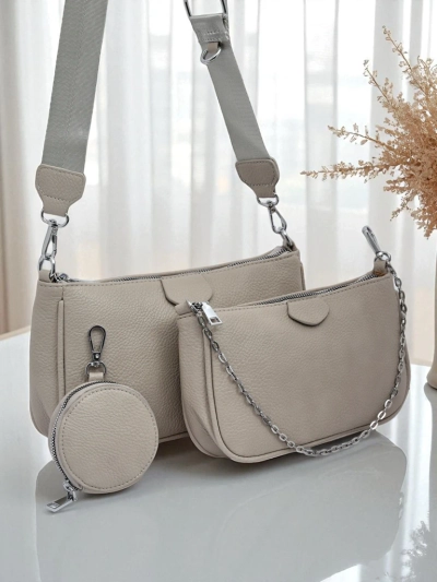 Damenhandtasche Arete MultiSet Öko-Leder taubengrau, 3in1 Eleganz