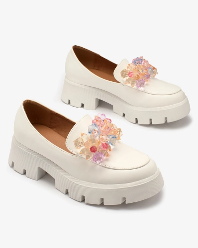 Royalfashion Weiße Damen Mokassins mit bunten Kristallen Crystal Glam