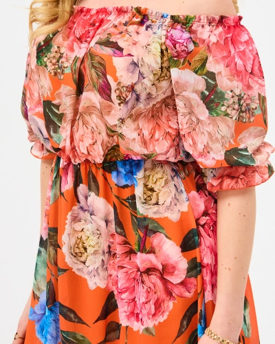 Orangefarbenes langes Damenkleid mit geblümtem Futter - Kleidung