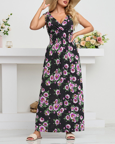 Schwarzes Damen-Maxikleid mit lila Blumen - Kleidung