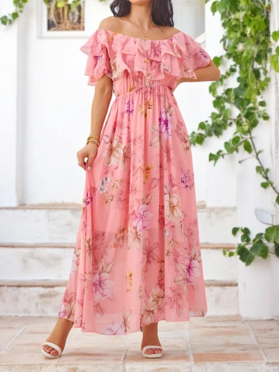 Royalfashion Жіноча сукня без плечей з короткими рукавами у різноманітних квітах