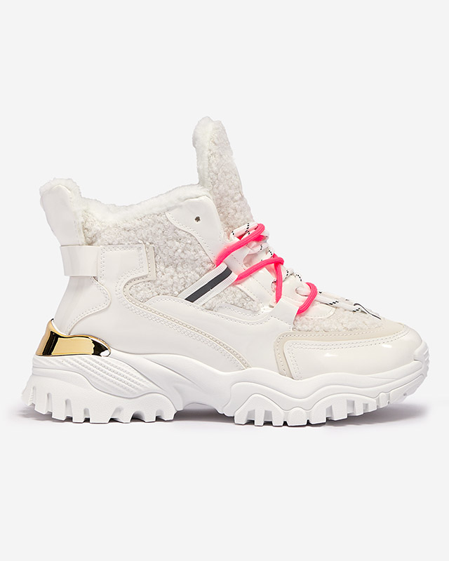 Weiße Damen-Sportschuhe mit Pelz und neonpinken Schnürsenkeln Sagglo- Footwear