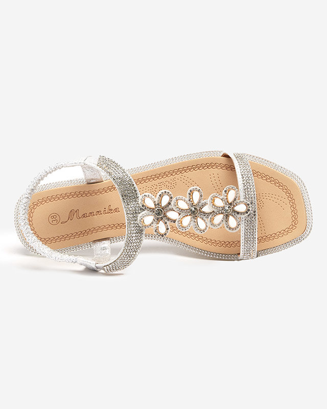 Silberne Damensandalen Soritis mit Blumen - Schuhe