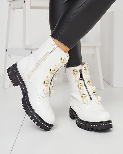 OUTLET Weiße Damen-Bagger-Stiefel mit Perlen Cedirao - Schuhe
