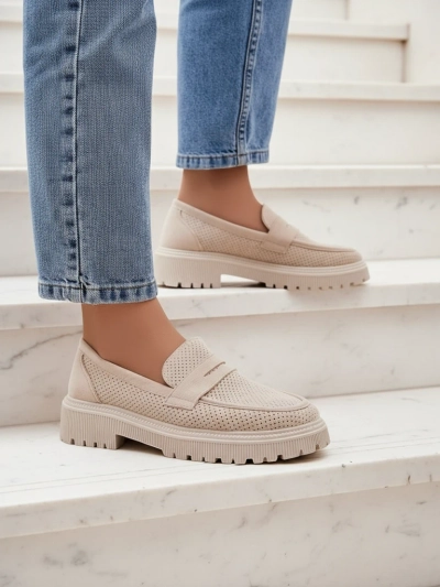 Damen Loafer Callista beige, Öko-Leder, flacher Absatz 4 cm