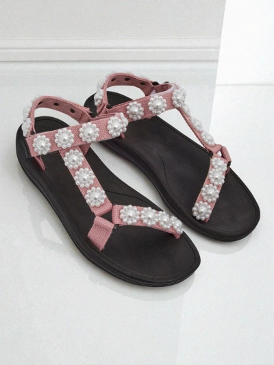 Сандалі Letitia Royalfashion рожеві на платформі - перлинні джети класичні