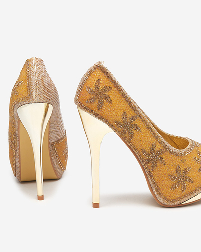 High Heels aus goldenem Brokat für Damen mit Zirkonia Yilla - Footwear