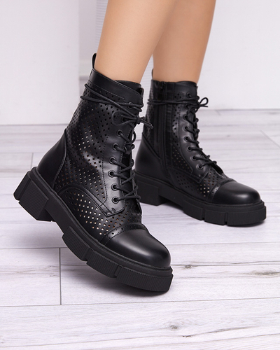 Schwarze durchbrochene Damenstiefeletten mit flachem Absatz Rolika - Footwear