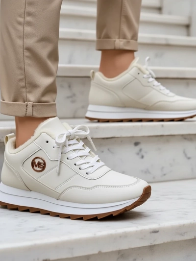 Royalfashion Alba Damen Gefütterte Sneakers Weiß Öko-Leder auf Plateau