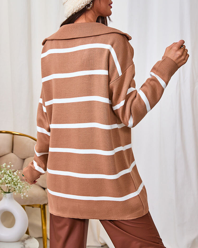 Royalfashion Brauner Damen Pullover mit aufgeknöpftem Rollkragen