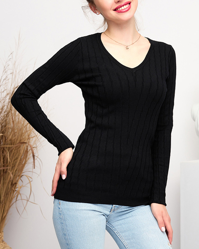 Schwarzer Damenpullover mit V-Ausschnitt - Kleidung