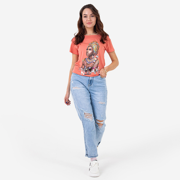 Orangefarbenes Damen-T-Shirt mit buntem Aufdruck und Pailletten - Kleidung