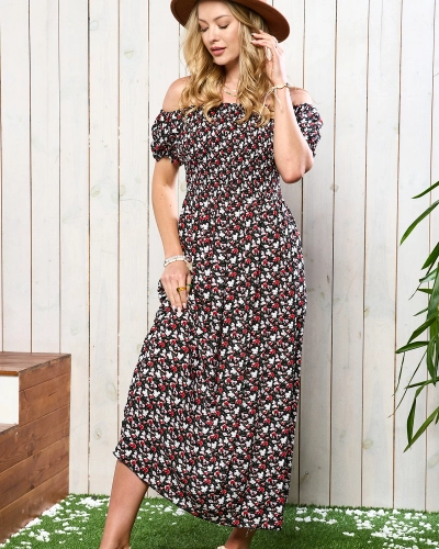 Schwarzes Damen Midikleid mit Blumenmuster - Kleidung