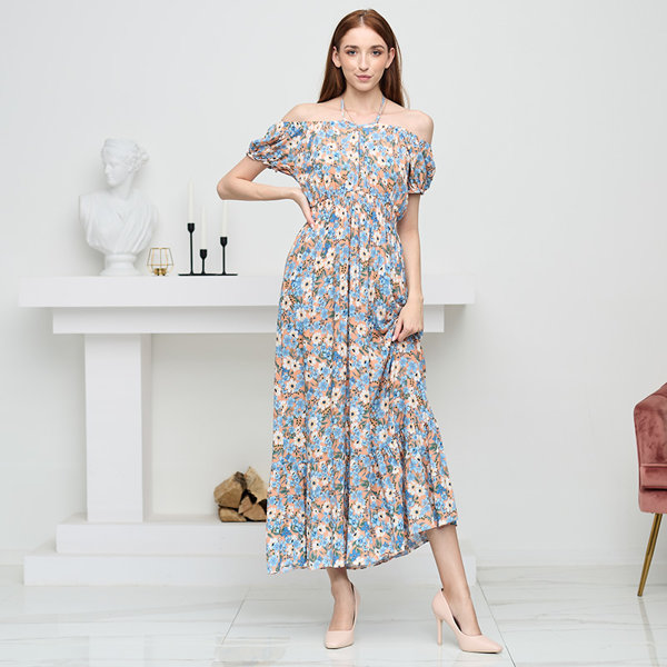Langes orangefarbenes Sommerkleid für Damen mit blauen Blumen - Bekleidung