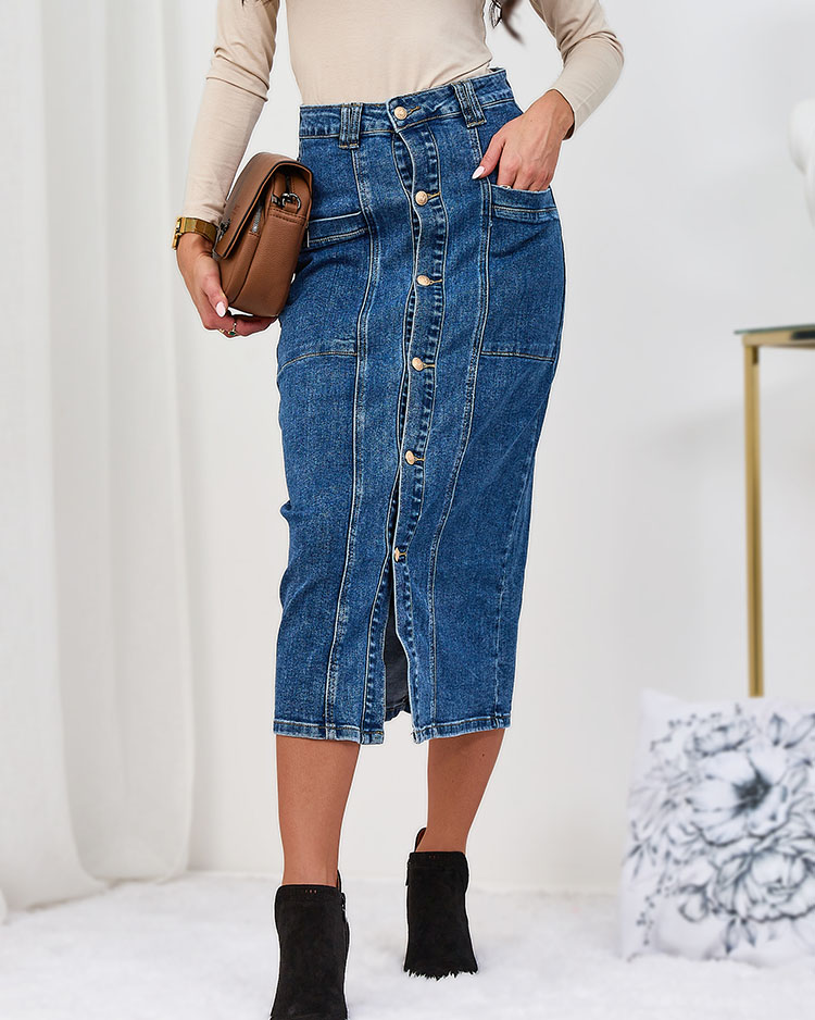 Royalfashion Blauer Denim Damenrock mit Knöpfen