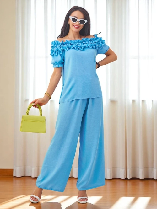 Royalfashion Жіночий комплект з топом з відкритими плечима з короткими рукавами та декоративним коміром і розкльошеними штанами
