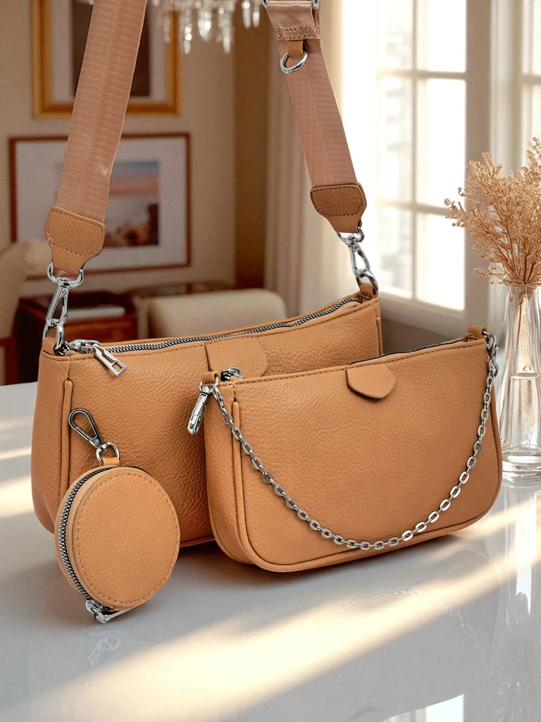 Damenhandtasche Aurora Multi aus Öko-Leder hellbraun Kette Reißverschluss