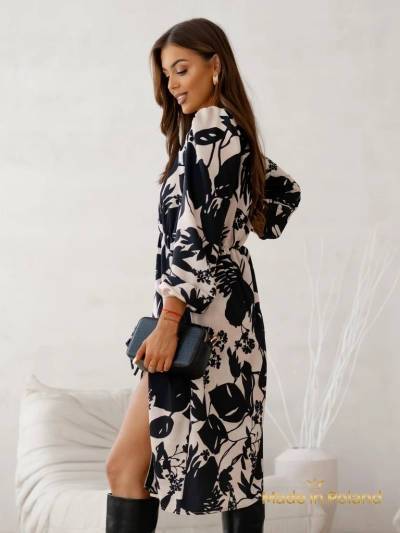 Apollonia Midi Kleid Beige mit Langen Ärmeln und Blumenmuster