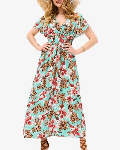 Mintfarbenes Damen-Midikleid mit Blumenmuster - Kleidung