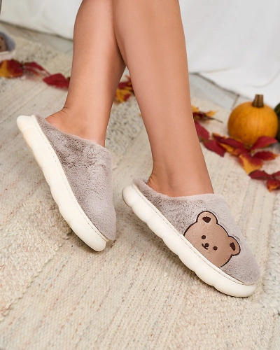 Royalfashion Damen-Pelzpantoffeln mit Teddybär in grau Fetemes