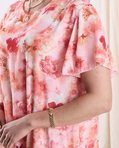 Knielanges Damenkleid mit Druck und Rüsche in Orange- Kleidung