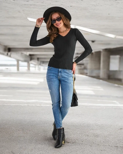 Schwarzer Rippenpullover für Damen - Kleidung
